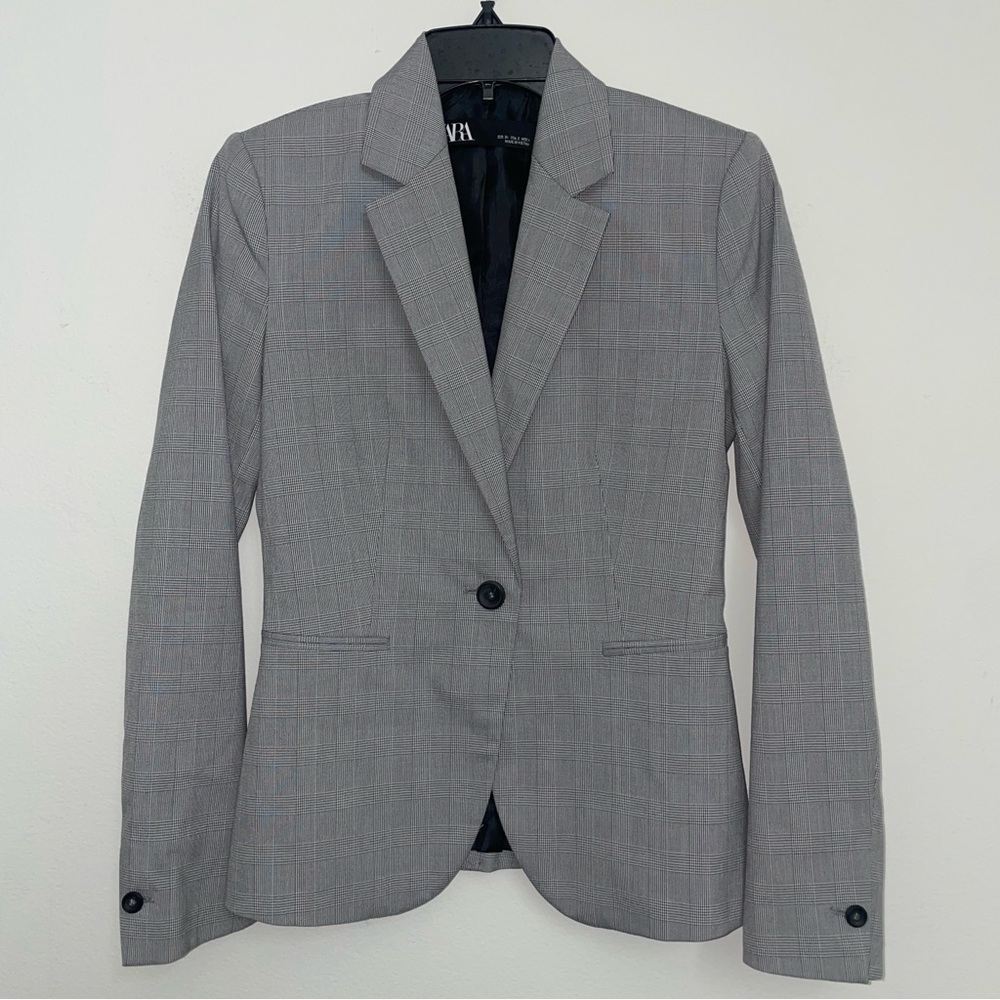 ZARA | Grey Plaid Button Blazer
